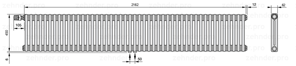 Схема (чертеж) Радиатор Zehnder Charleston 2045/47 №V007 Белый глянцевый RAL 9016
